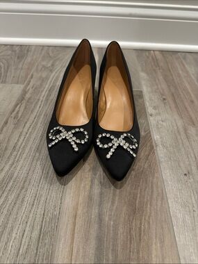 J. Crew Black Pointed Satin Flats with Crystal Bow Embellishment